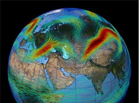 지구 북반구의 강한 편서풍(제트기류) 그래픽. 이미지 NASA Visualization Explorer